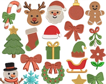 Könnte beinhalten: Eine Sammlung von 20 Weihnachtsstickmustern, darunter Zuckerstange, Rentier, Weihnachtsmann, Christbaumkugel, Lebkuchenmann und Weihnachtsbaum. Der Text lautet "20 CHRISTMAS EMBROIDERY DESIGNS".