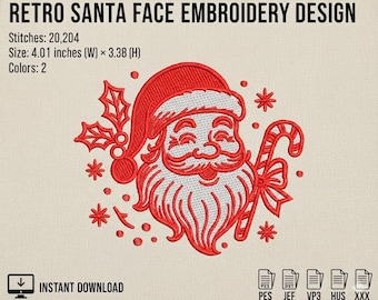 Retro Santa Embroidery (20K Stitches) - 4x4 Hoop Redwork/Vintage Christmas PES DST (Instant Download)