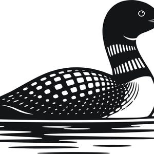 May include: A black and white graphic illustration of a common loon swimming on water. The bird features a solid black head and neck with white striped markings, and a body covered in a white checkered pattern against a solid black background.