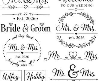 May include: A collection of black wedding-themed digital designs featuring text such as Mr. & Mrs., Bride & Groom, Wifey, Hubby, and Est. 2026. The graphics include decorative elements like hearts, floral wreaths, roses, and line dividers on a white background.