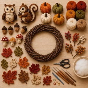 May include: A collection of autumn-themed crochet supplies including an owl, a squirrel, pumpkins, acorns, mushrooms, and leaves. Also included are a grapevine wreath, yarn balls, scissors, crochet hooks, stitch markers, and fiberfill stuffing.