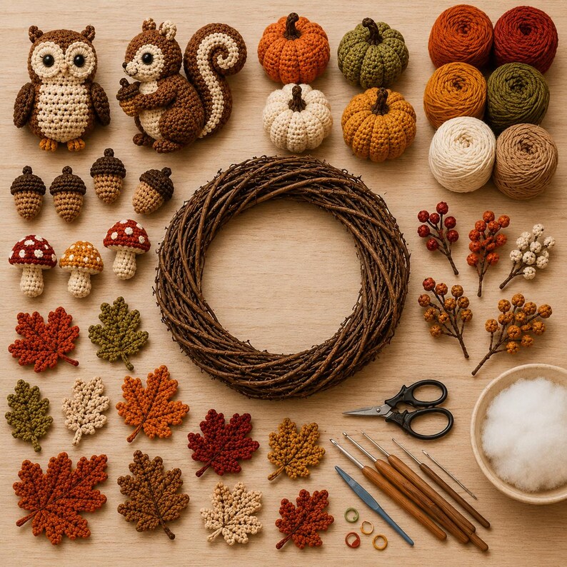 May include: A collection of autumn-themed crochet supplies including an owl, a squirrel, pumpkins, acorns, mushrooms, and leaves. Also included are a grapevine wreath, yarn balls, scissors, crochet hooks, stitch markers, and fiberfill stuffing.