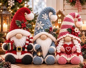 May include: Three crocheted gnome figurines. The left gnome wears a red hat with holly, holding a gift and candy cane. The center gnome wears a blue hat with snowflakes, holding a lantern. The right gnome has pink braids and holds a red heart.