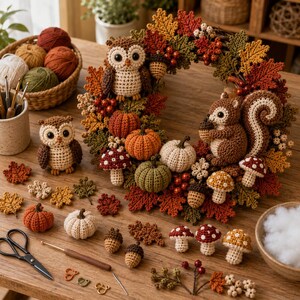 May include: A handcrafted crochet autumn wreath featuring a brown owl and a squirrel, decorated with orange, green, and white pumpkins, red and white mushrooms, acorns, and fall leaves. Includes a separate owl figure, yarn, and tools.