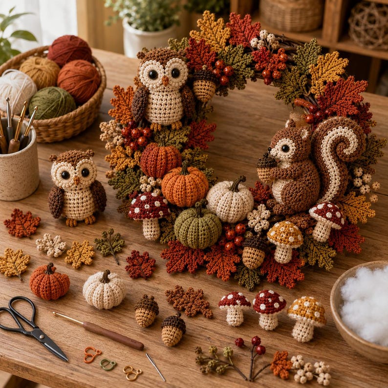 May include: A handcrafted crochet autumn wreath featuring a brown owl and a squirrel, decorated with orange, green, and white pumpkins, red and white mushrooms, acorns, and fall leaves. Includes a separate owl figure, yarn, and tools.