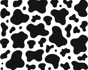 May include: A repeating pattern featuring irregular, organic black shapes scattered across a solid white background. The design mimics a classic cow print, consisting of various sizes of rounded, blob-like spots distributed evenly throughout the surface.