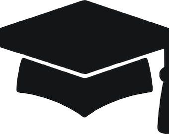 May include: A solid black silhouette of a graduation cap, also known as a mortarboard, featuring a flat square top, a fitted base, and a hanging tassel attached to the right side. The design is simple, clean, and rendered in a bold, flat color.