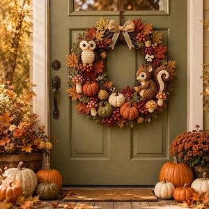 May include: A round autumn wreath featuring crocheted figures of an owl and a squirrel, surrounded by crocheted pumpkins, mushrooms, and acorns. The wreath is decorated with fabric leaves in shades of orange, red, and brown, topped with a burlap bow.