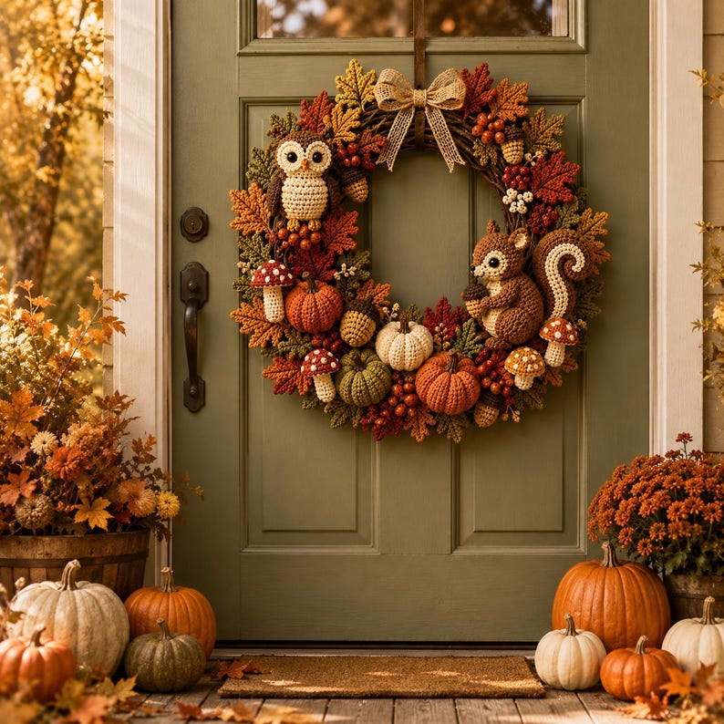 May include: A round autumn wreath featuring crocheted figures of an owl and a squirrel, surrounded by crocheted pumpkins, mushrooms, and acorns. The wreath is decorated with fabric leaves in shades of orange, red, and brown, topped with a burlap bow.