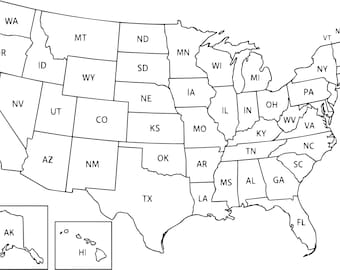 May include: A black and white line drawing of the United States map, featuring the contiguous states, Alaska, and Hawaii. Each state is outlined and labeled with its standard two-letter postal abbreviation in black capital letters.