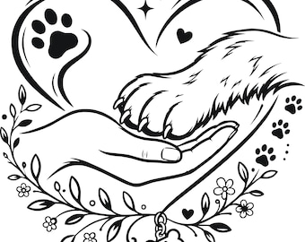 May include: A black and white line art illustration featuring a human hand holding a furry animal paw inside a large heart shape. The design includes floral vines, small paw prints, and a bone-shaped pet tag hanging from a leash at the bottom.