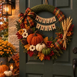 Può includere: Una ghirlanda circolare con elementi all'uncinetto tra cui una grande zucca arancione, una zucca bianca più piccola, una piccola zucca verde, pigne e foglie dai colori autunnali. Sono presenti un fiocco scozzese e uno striscione con la scritta HELLO FALL.