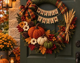 May include: A circular wreath featuring crocheted elements including a large orange pumpkin, a smaller white pumpkin, a small green pumpkin, pinecones, and autumn-colored leaves. A plaid bow and a banner with the text HELLO FALL are attached.