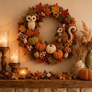 Könnte beinhalten: Ein runder Herbstkranz mit gehäkelten Figuren einer Eule und eines Eichhörnchens, umgeben von gehäkelten Kürbissen, rot-weißen Pilzen, Eicheln, Beeren und verschiedenen herbstlich gefärbten Blättern in Orange-, Gelb- und Brauntönen.