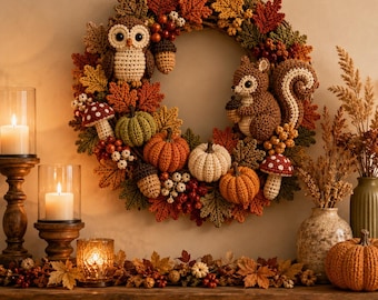 May include: A circular autumn wreath featuring crocheted figures of an owl and a squirrel, surrounded by crocheted pumpkins, red and white mushrooms, acorns, berries, and various fall-colored leaves in shades of orange, yellow, and brown.