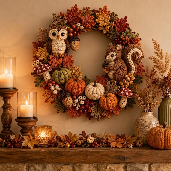 Crochet Fall Wreath Pattern PDF, Woodland Owl Squirrel Pumpkin Decor (Digital Download)