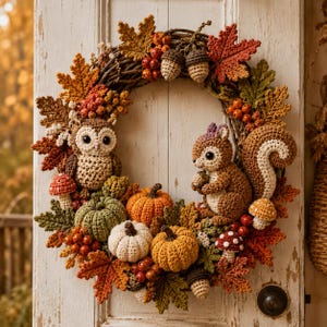 May include: A circular autumn wreath featuring a woven twig base decorated with crocheted figures including an owl, a squirrel, and several pumpkins. The arrangement includes crocheted maple leaves, acorns, mushrooms, and clusters of red berries.
