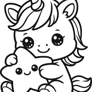 May include: A black and white line art illustration of a baby unicorn with a single horn on its head, large eyes, and a flowing mane. The unicorn is sitting down and holding a five-pointed star that also features a small, smiling face.