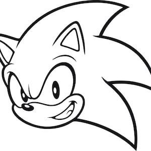 May include: A black and white line art illustration of the head of a fictional hedgehog character. The character features large, expressive eyes, a small nose, pointed ears, and a series of prominent, curved spikes extending from the back.