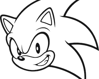 May include: A black and white line art illustration of the head of a fictional hedgehog character. The character features large, expressive eyes, a small nose, pointed ears, and a series of prominent, curved spikes extending from the back.