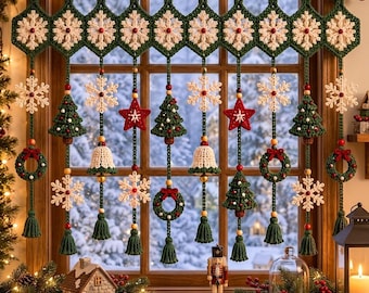 May include: A crochet window valance featuring a row of hexagonal motifs with white snowflake centers and green borders. Hanging from the valance are vertical strands adorned with crocheted snowflakes, green Christmas trees, red stars, cream bells, and small wreaths, all accented with wooden beads and green tassels.