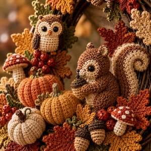 May include: A decorative wreath featuring crocheted figures of a brown owl, a squirrel holding an acorn, three pumpkins in orange and cream, two red and white spotted mushrooms, several brown acorns, and various autumn-colored crocheted leaves.