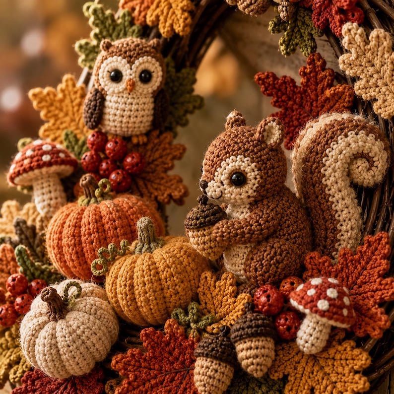 May include: A decorative wreath featuring crocheted figures of a brown owl, a squirrel holding an acorn, three pumpkins in orange and cream, two red and white spotted mushrooms, several brown acorns, and various autumn-colored crocheted leaves.