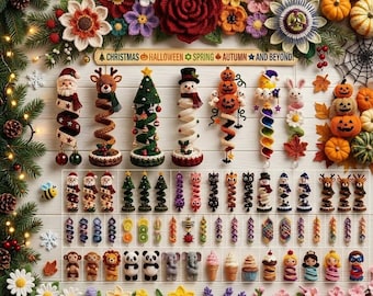 May include: A collection of crochet patterns featuring over 120 designs including seasonal figures like Santa, reindeer, Christmas trees, snowmen, pumpkins, and animals. The display includes text reading EXPLORE OVER 120 DESIGNS & GROWING EVERY WEEK! and CHRISTMAS HALLOWEEN SPRING AUTUMN AND BEYOND.