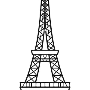 Puede incluir: Una ilustración de arte lineal en blanco y negro de la Torre Eiffel. El gráfico presenta un contorno claro y audaz de la estructura, mostrando el icónico marco de celosía, los tres niveles distintos y la aguja puntiaguda en la parte superior.