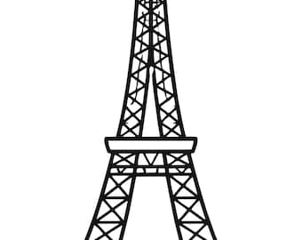 May include: A black and white line art illustration of the Eiffel Tower. The graphic features a clear, bold outline of the structure, showcasing the iconic lattice framework, the three distinct levels, and the pointed spire at the very top.