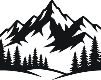 May include: A black and white graphic illustration featuring a jagged mountain range in the background with a dense forest of pine trees in the foreground. The design uses high-contrast black silhouettes against a solid white background.