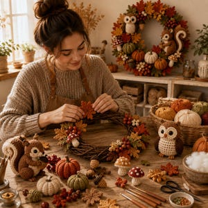 May include: A grapevine wreath decorated with crocheted autumn leaves, berries, and mushrooms. The scene includes a crocheted squirrel, a crocheted owl, and several small crocheted pumpkins and acorns arranged on a wooden table with yarn.
