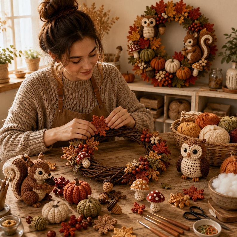 May include: A grapevine wreath decorated with crocheted autumn leaves, berries, and mushrooms. The scene includes a crocheted squirrel, a crocheted owl, and several small crocheted pumpkins and acorns arranged on a wooden table with yarn.