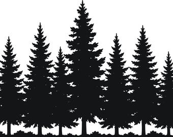 May include: A black silhouette graphic of a dense forest featuring nine coniferous evergreen trees of varying heights arranged in a row, with a small amount of low-lying ground foliage visible at the base of each tree trunk.