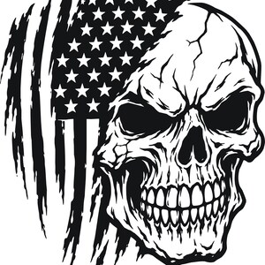 May include: A black and white graphic design featuring a human skull integrated with a distressed American flag pattern. The flag design appears torn or shredded on the left side, with stars visible in the upper left corner and vertical stripes.