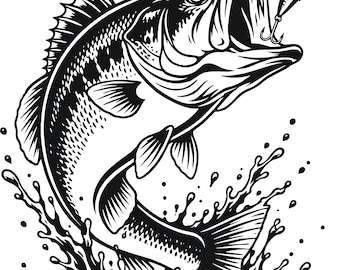 May include: A black and white graphic illustration of a largemouth bass jumping out of the water with its mouth wide open. A fishing lure with a hook is caught in the fish's mouth, and water splashes are visible around the base of the fish.