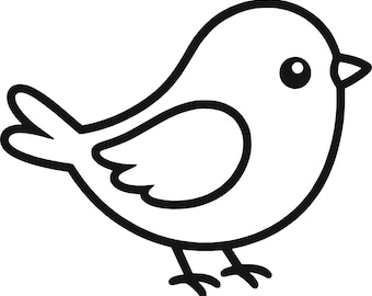 May include: A black and white line art illustration of a small bird in profile. The bird features a rounded body, a simple wing shape, a pointed beak, a circular eye, a two-part tail, and two thin legs with feet standing on a flat surface.