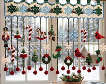 May include: A crochet window valance featuring a cream-colored scalloped edge with green and blue snowflakes, from which hang various Christmas-themed ornaments including a nutcracker, candy canes, snow globes, trees, and birds.