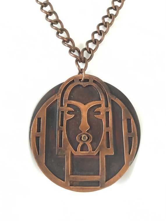 Vintage Copper Art Deco Girl Large Pendant Neckla… - image 1