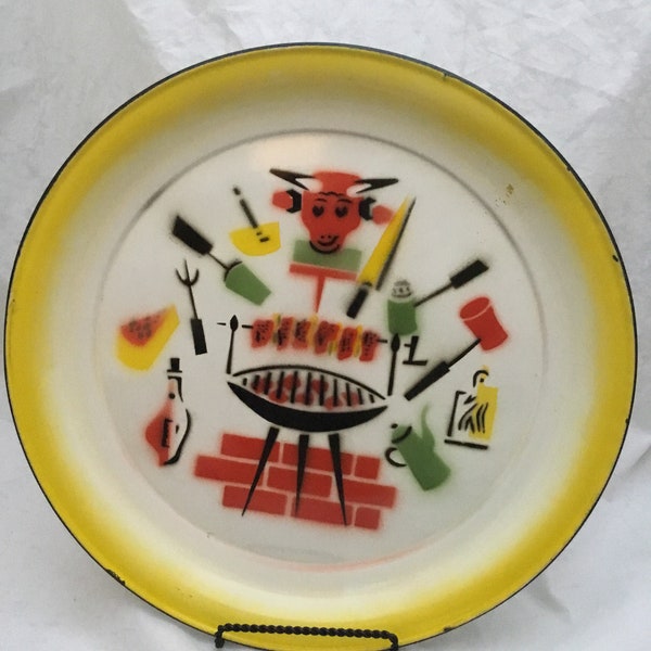 Vintage Mid Century BBQ Themed Large Round Enamel Grill Tray
