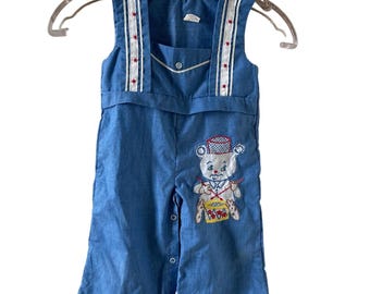 Vintage Romper Teddy Bear Embroidery Baby Boys size 18 AS-IS LOOSE Threads