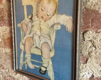 Vintage Sleeping Baby in Rocking Chair Framed Print Maud Tosey Fangel