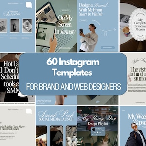 Op de afbeelding: Een promotieafbeelding met 60 Instagram-sjablonen voor merk- en webdesigners. Het ontwerp bevat verschillende lay-outs met tekst zoals "On My Screen In January" en "Design a Brand With Me From Start to Finish". Het kleurenschema is overwegend blauw en wit.