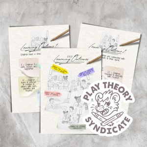 May include: A collection of educational materials featuring handwritten notes and illustrations. The documents include the text "Learning Outcomes" and "Children have a strong sense of wellbeing." A sticker with the text "PLAY THEORY SYNDICATE" is also present.