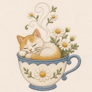 May include: An embroidery design featuring a sleeping ginger and white kitten curled inside a white teacup with a blue scalloped rim. The teacup is decorated with a daisy motif, and a cluster of white daisies with yellow centers rises from the cup.