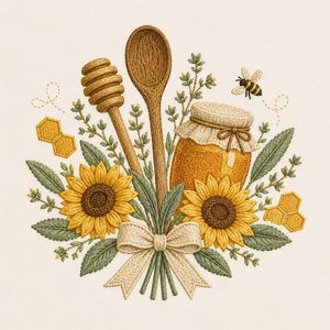 Può includere: Un ricamo raffigurante un bastoncino per miele in legno, un cucchiaio di legno, un vasetto di miele dorato con coperchio in tessuto, due girasoli gialli, foglie verdi, una piccola ape, forme di favo e un nastro color crema alla base.
