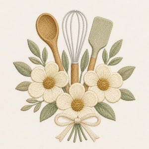 May include: An embroidery design featuring a wooden spoon, a wire whisk, and a spatula arranged with cream-colored flowers, green leaves, and a small bow at the base. The kitchen utensils are centered among the floral elements in a bouquet style.