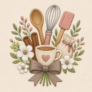 Puede incluir: Un diseño de bordado con una taza color crema con un corazón rosa, rodeada por una cuchara de madera, un batidor, una espátula rosa, ramas de canela, un saco pequeño, flores blancas, hojas verdes y un gran lazo marrón.