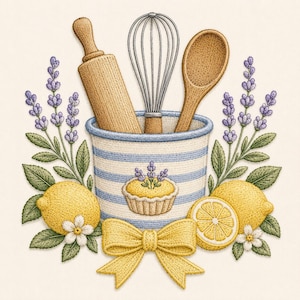 May include: An embroidered illustration featuring a blue and white striped utensil holder containing a wooden rolling pin, a metal whisk, and a wooden spoon. The holder is decorated with a cupcake, lavender sprigs, yellow lemons, and a yellow bow.