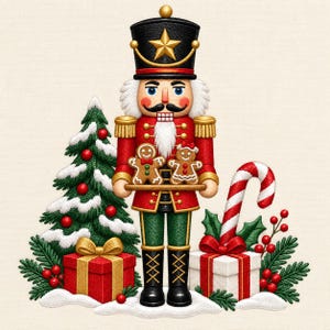 Broderidesign med nötknäppare och julgran, pepparkakor, polkagrisstång och julgransbroderifil (digital nedladdning)
